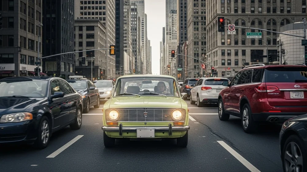 Carro retrô verde claro em meio ao tráfego intenso de uma metrópole.