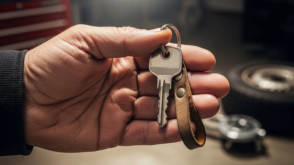 Close-up de uma mão segurando chaves de carro com chaveiro de couro.