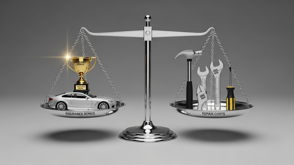 Balança compara bônus de seguro e custos de reparo.
