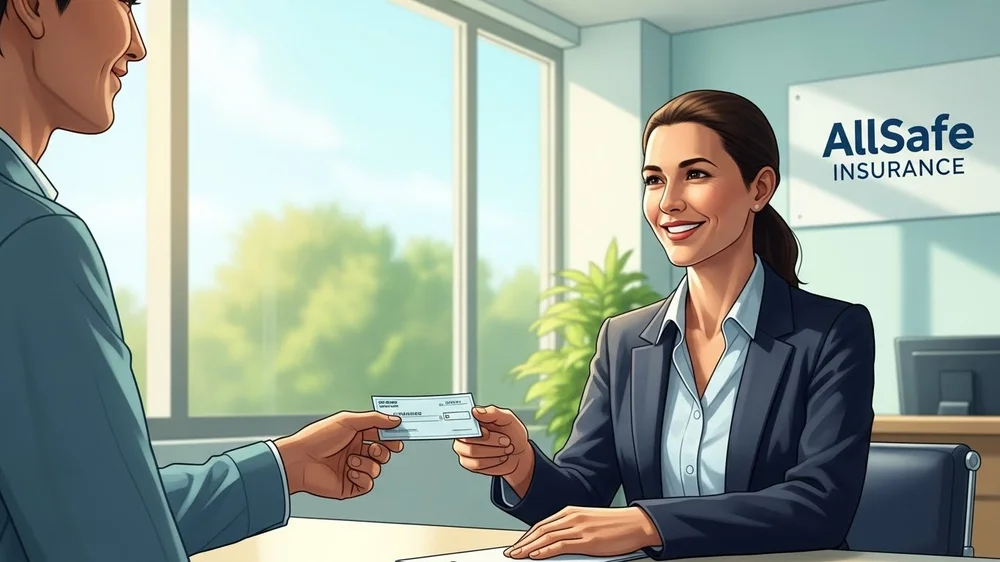 Corretora sorridente entregando documento a cliente.