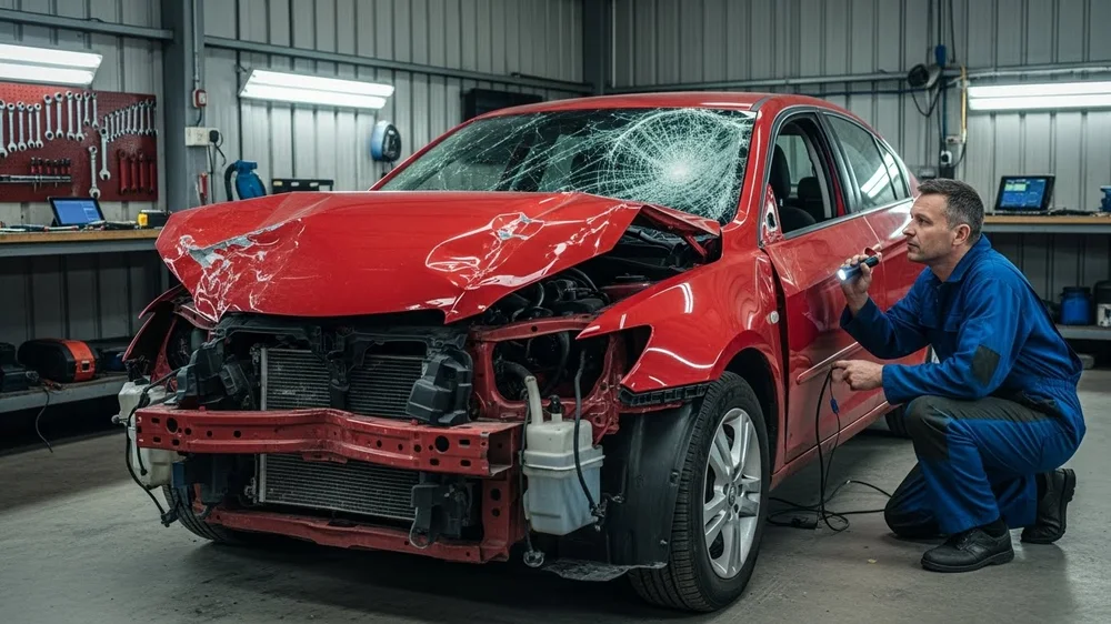 Mecânico utiliza lanterna para inspecionar motor de carro vermelho acidentado.