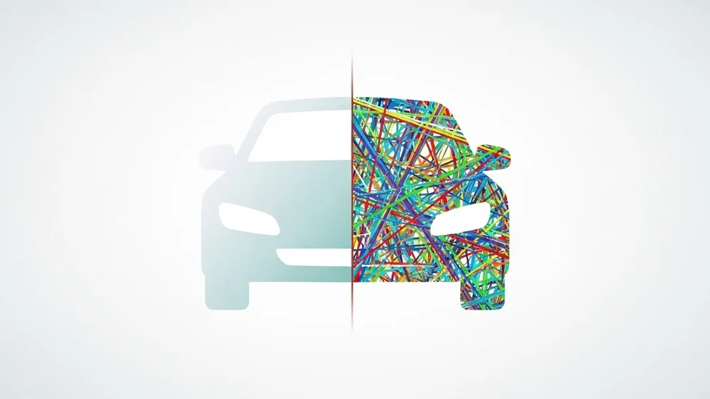 Arte conceitual de silhueta de carro dividida em cores.