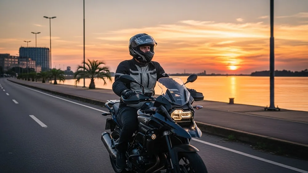 Motociclista pilotando em rodovia ao pôr do sol.