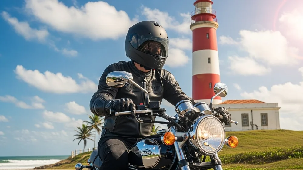 Motociclista pilotando moto clássica perto de um farol.