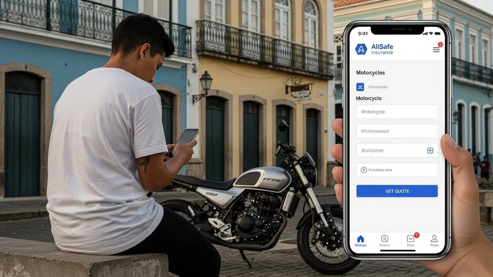 Homem usa app de seguro de moto no celular na rua.
