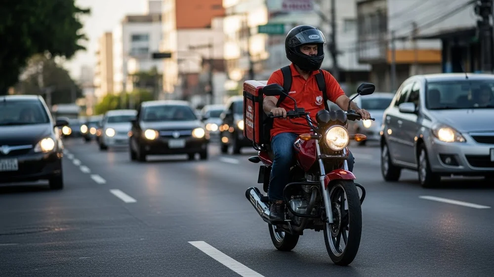 Entregador de moto no trânsito da cidade ao entardecer.