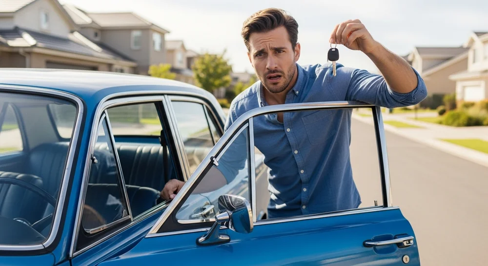 Homem com expressão de dúvida segurando chave ao lado de carro azul antigo.