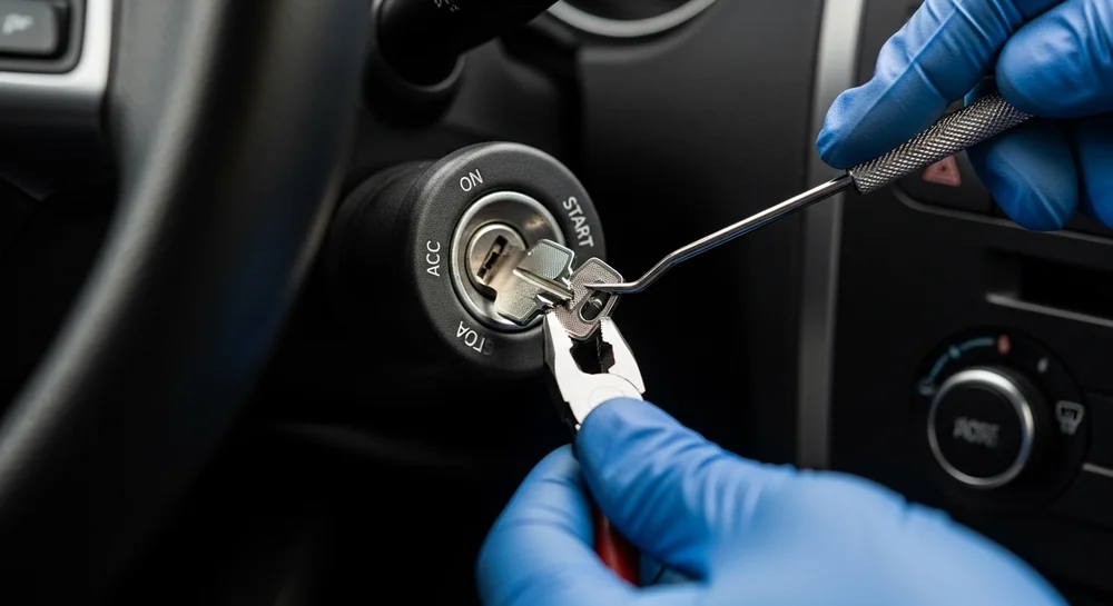 Close de mãos com luvas azuis usando alicate e pinça para remover chave quebrada da ignição.