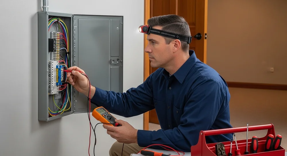 Eletricista testando painel elétrico com multímetro.