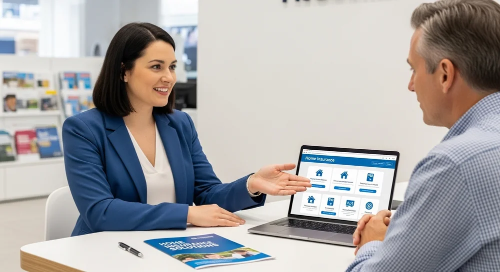 Corretora explica seguro residencial em um notebook.