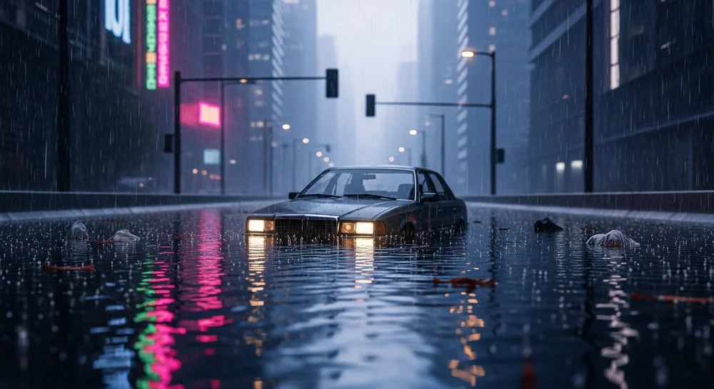 Carro clássico atravessando rua inundada em cidade sob chuva forte.
