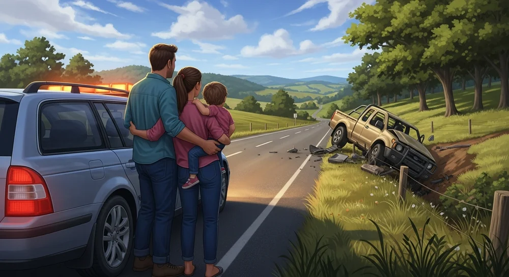 Família observa caminhonete acidentada na beira de uma estrada rural.