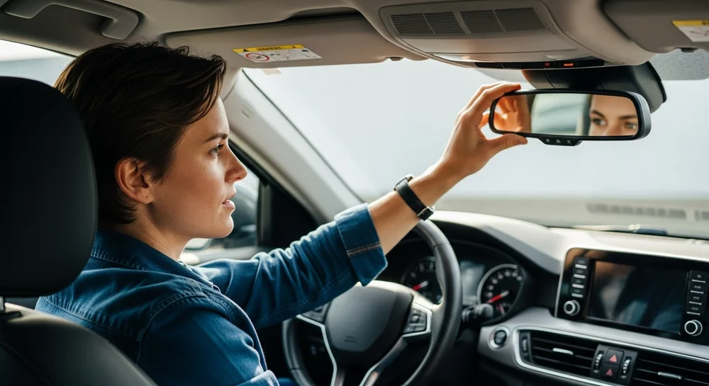 Mulher ajustando o espelho retrovisor interno antes de dirigir.