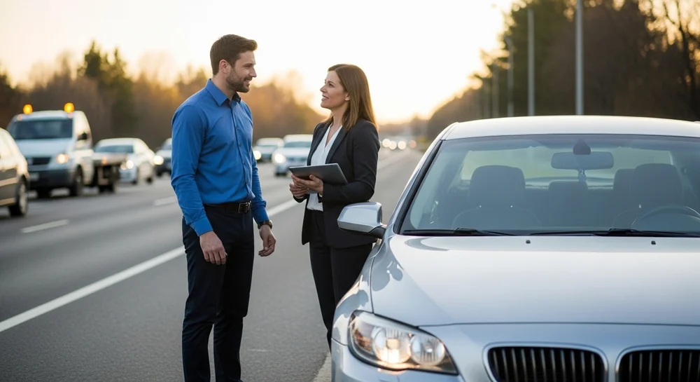 Homem e mulher conversando sobre documentos ao lado de carro em rodovia.