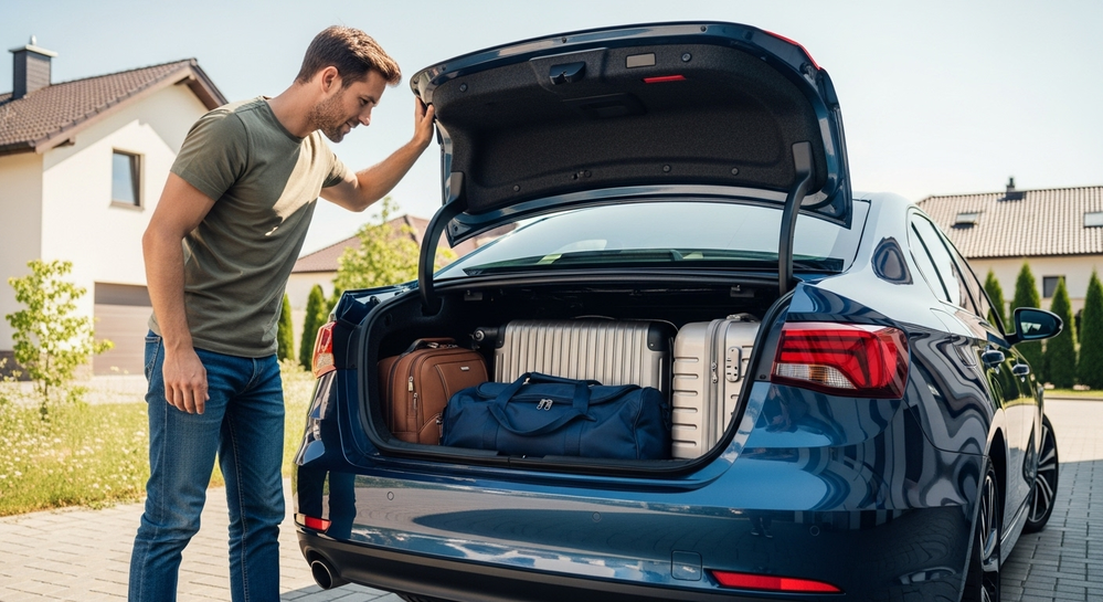 Homem organiza malas no porta-malas de carro azul.