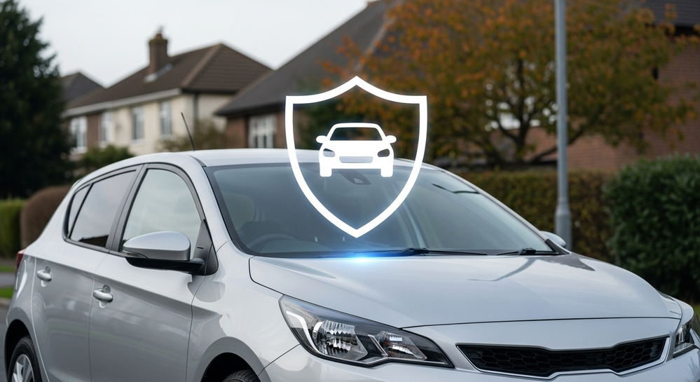 Ícone de escudo com carro sobre capô de veículo prata.
