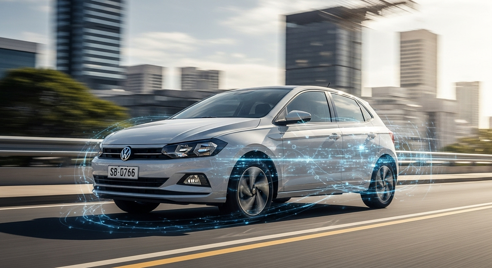 Carro prata em movimento com linhas digitais de dados.