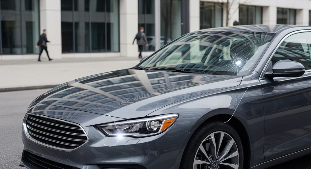 Carro cinza com o para-brisa trincado em frente a um prédio.