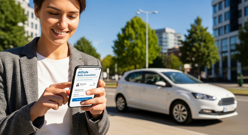 Mulher usa smartphone para contratar seguro AllSafe.