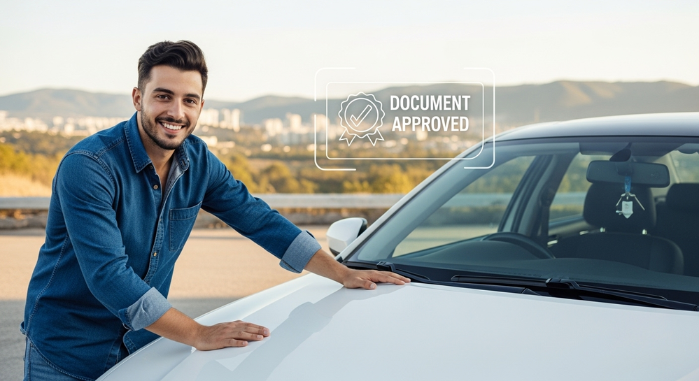 Homem sorri ao lado de carro com selo de aprovado.