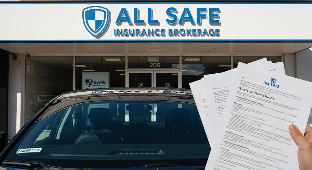 Mão segurando apólice na frente da corretora All Safe.