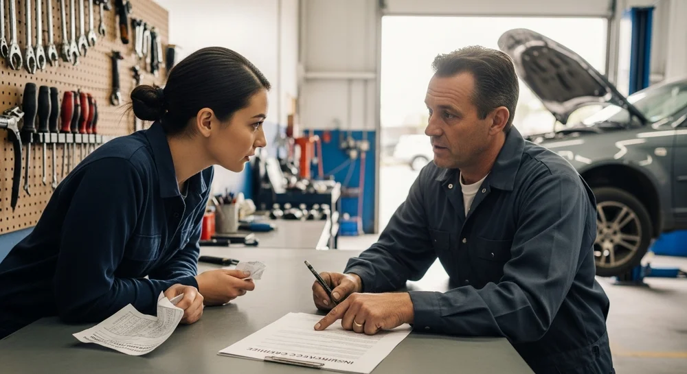 Mecânico e cliente discutindo orçamento em oficina técnica.