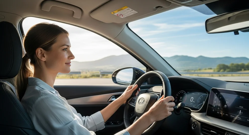 Mulher sorrindo ao dirigir carro moderno em uma rodovia.