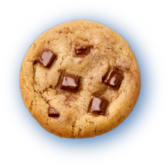 Close-up of a chocolate chip cookie with five visible chocolate chunks on a blue background.