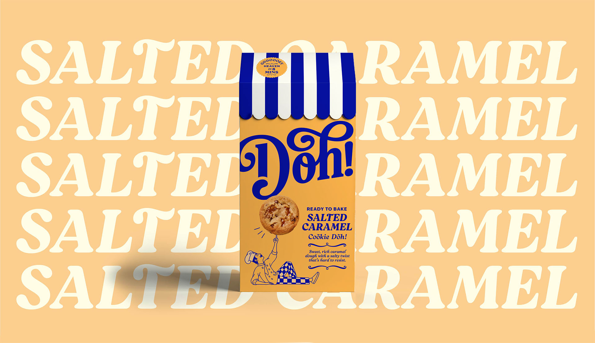 Box of Doh! Salted Caramel ready-to-bake cookie dough with a blue and white striped top and a cookie graphic.