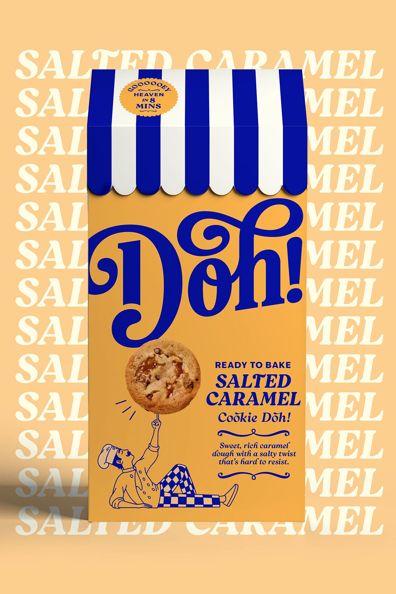 Doh! Salted Caramel Ready to Bake cookie dough package with a chef illustration balancing a cookie on one finger.