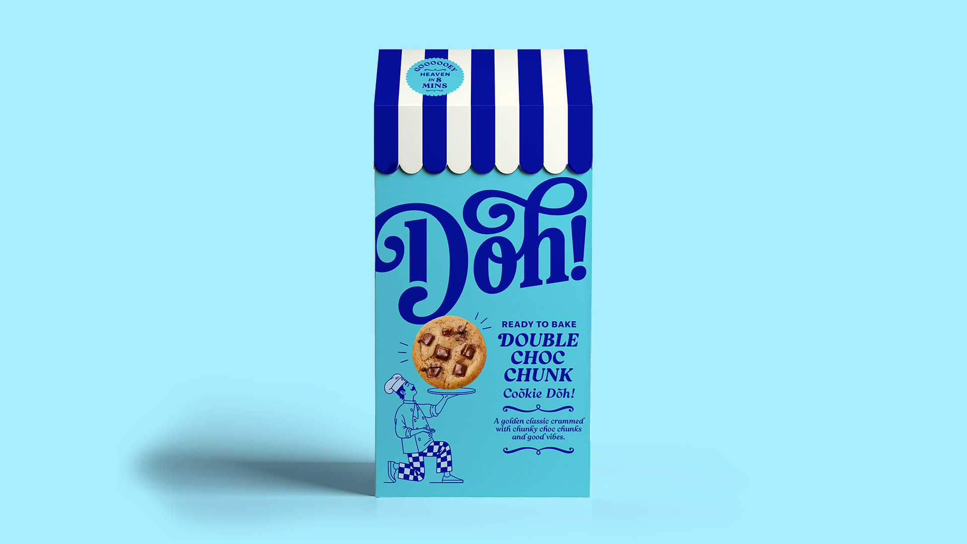 Package of Doh! ready-to-bake Double Choc Chunk cookie dough with an illustration of a chef holding a cookie.