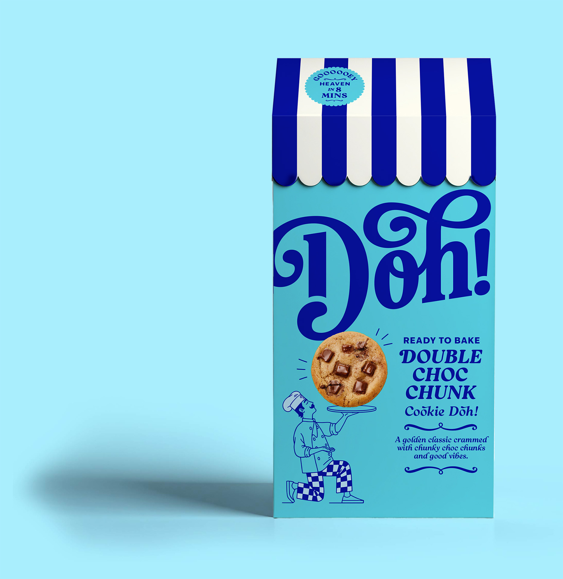 Blue box of Doh! ready-to-bake double chocolate chunk cookie dough with an illustration of a chef presenting a cookie.