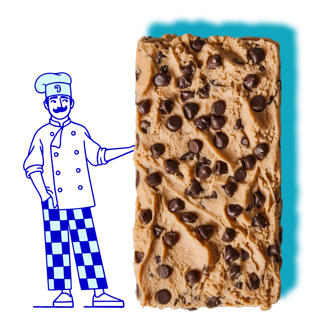 Rectangular block of chocolate chip cookie dough displayed next to a cartoon chef illustration.
