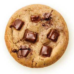 Round chocolate chip cookie with five large melted chocolate chunks.