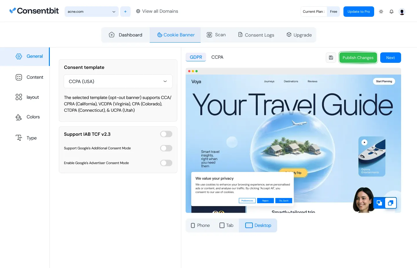 Consent template settings with IAB TCF support