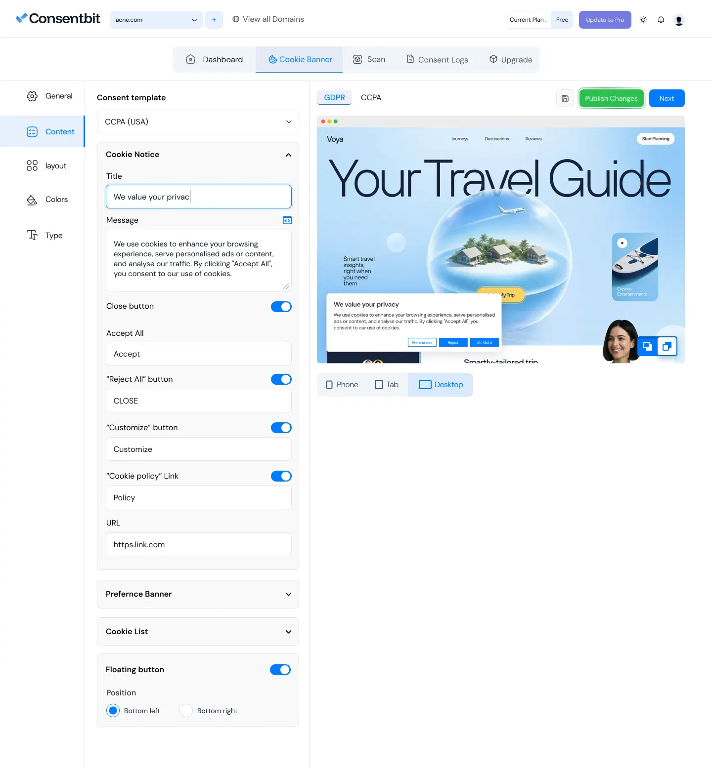 ConsentBit banner content editor