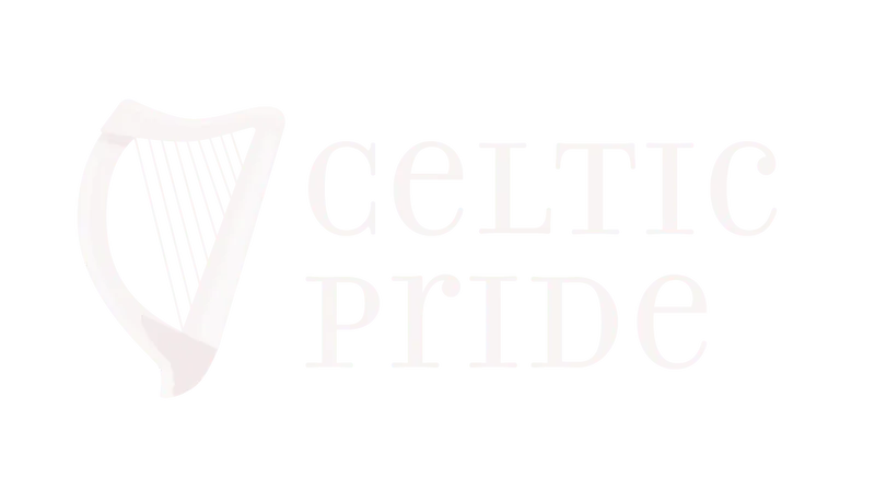 Faint outline of a harp symbol next to the text 'CELTIC PRIDE' in bold uppercase letters.