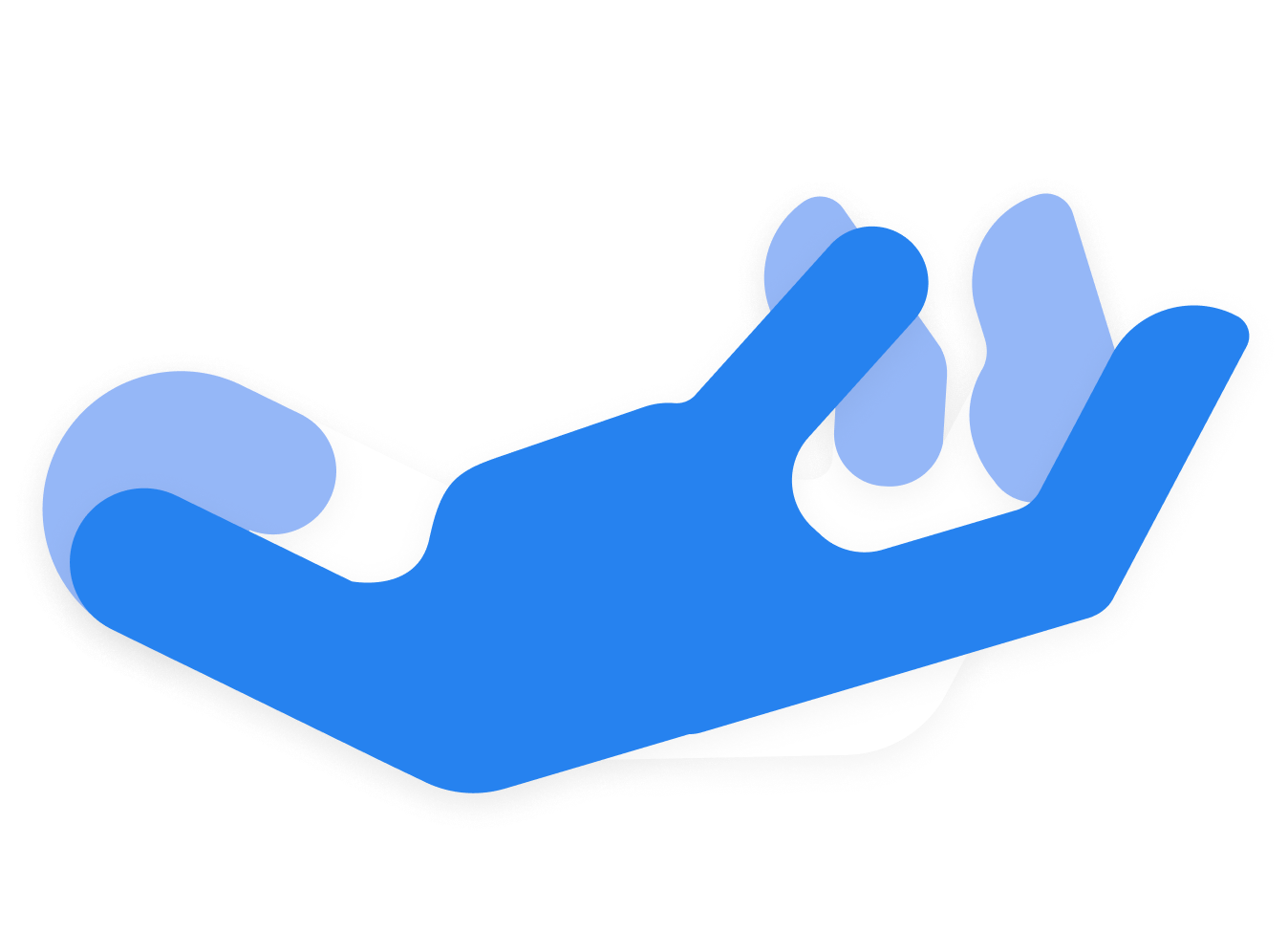 Stylized blue hand illustration with fingers slightly curled upward on a white background.