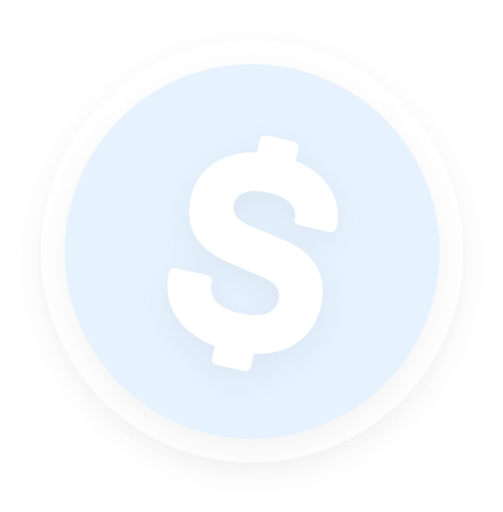 White dollar sign inside a light blue circle with a soft shadow.