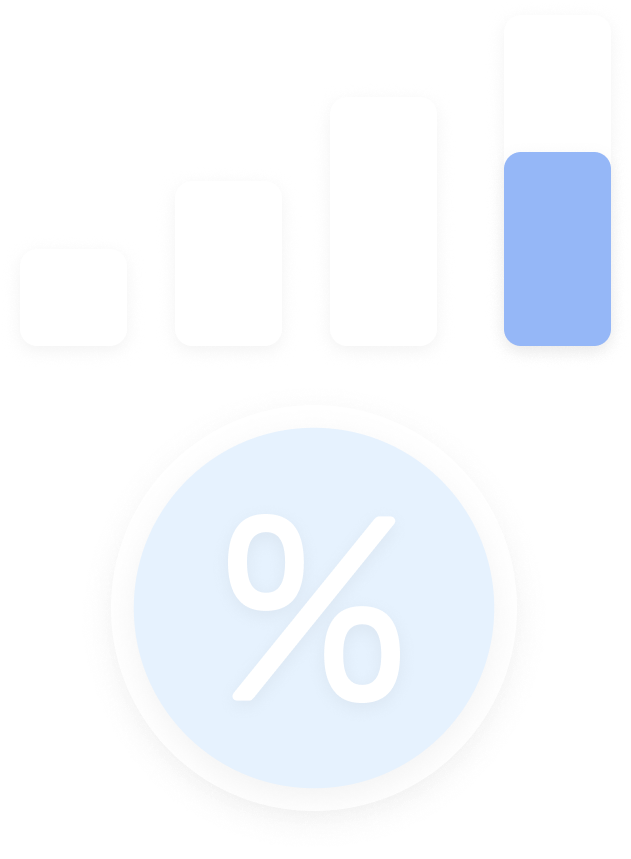 Four vertical bars of increasing height with the tallest bar partially filled in blue above a circle containing a white percentage symbol on a light blue background.