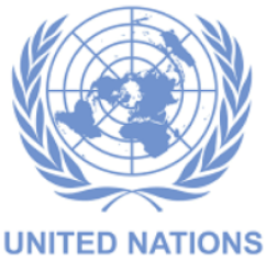 United Nations emblem with a world map surrounded by olive branches and the text UNITED NATIONS below.
