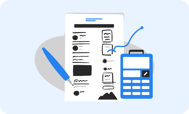 Illustration of a tax form with a blue pen signing, connected to a blue calculator by a blue arrow.