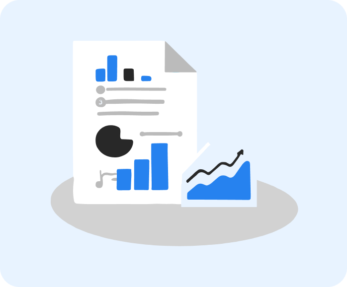 Illustration of a document with bar charts, a pie chart, and a smaller upward-trending line graph on a light blue background.