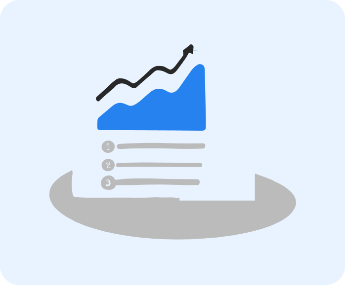Illustration of a paper with a blue rising graph and a numbered list of three items below it.