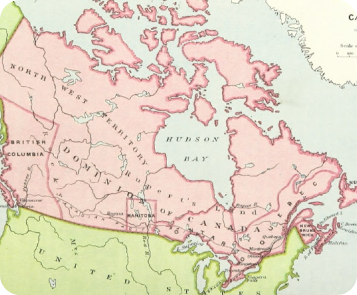 Vintage map showing Canada in pink with Hudson Bay labeled, and part of the northern United States in green below.