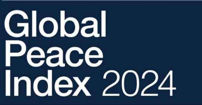 Text reading 'Global Peace Index 2024' in large white font on a dark blue background.