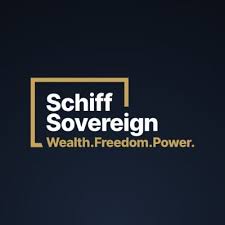 Logo with the text 'Schiff Sovereign' in white inside a gold frame, with the tagline 'Wealth. Freedom. Power.' in gold below on a dark background.