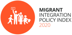 Orange circle with white icons of a family holding hands and a speech bubble beside the text Migrant Integration Policy Index 2020.