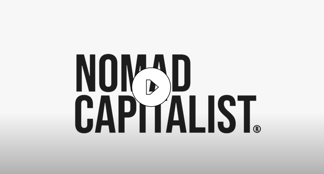 Black bold text 'NOMAD CAPITALIST' on a white-to-gray gradient background with a central play button icon.