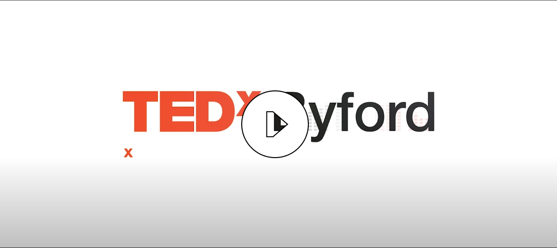 TEDxDyford logo with a central play button icon.